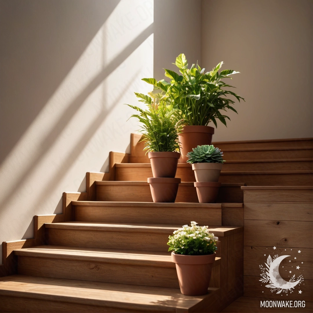Деревянная лестница, украшенная цветочными горшками под солнечными лучами.
