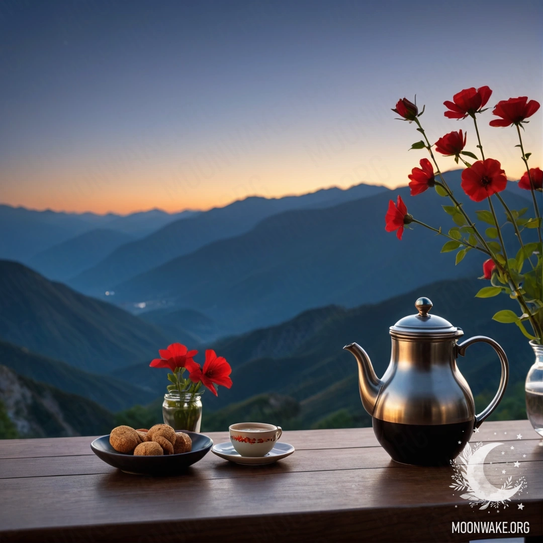 Минималистичный деревянный стол ночью с красными цветами, кофейником и чашками на фоне гор.