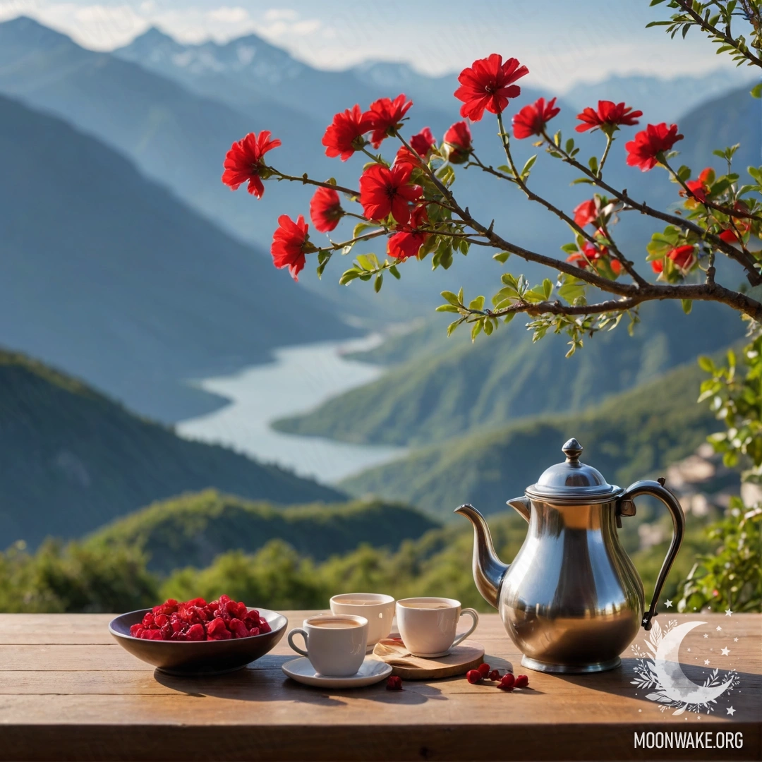 Минималистичный деревянный стол с банкой красных цветов, кофейником и чашками, освещёнными гирляндой, на фоне горного пейзажа.
