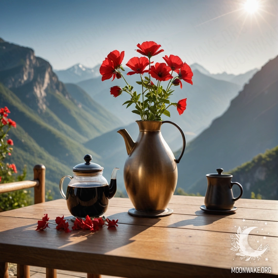 Минималистичный деревянный стол с банкой красных цветов, кофейником и чашками на фоне горного пейзажа, освещенного солнечными лучами.