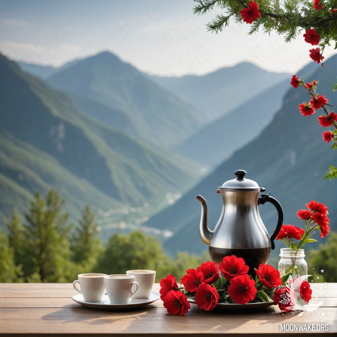 Минималистичный деревянный стол на фоне гор, на столе банка с красными цветами, кофейник и чашки, освещенные гирляндой огней.