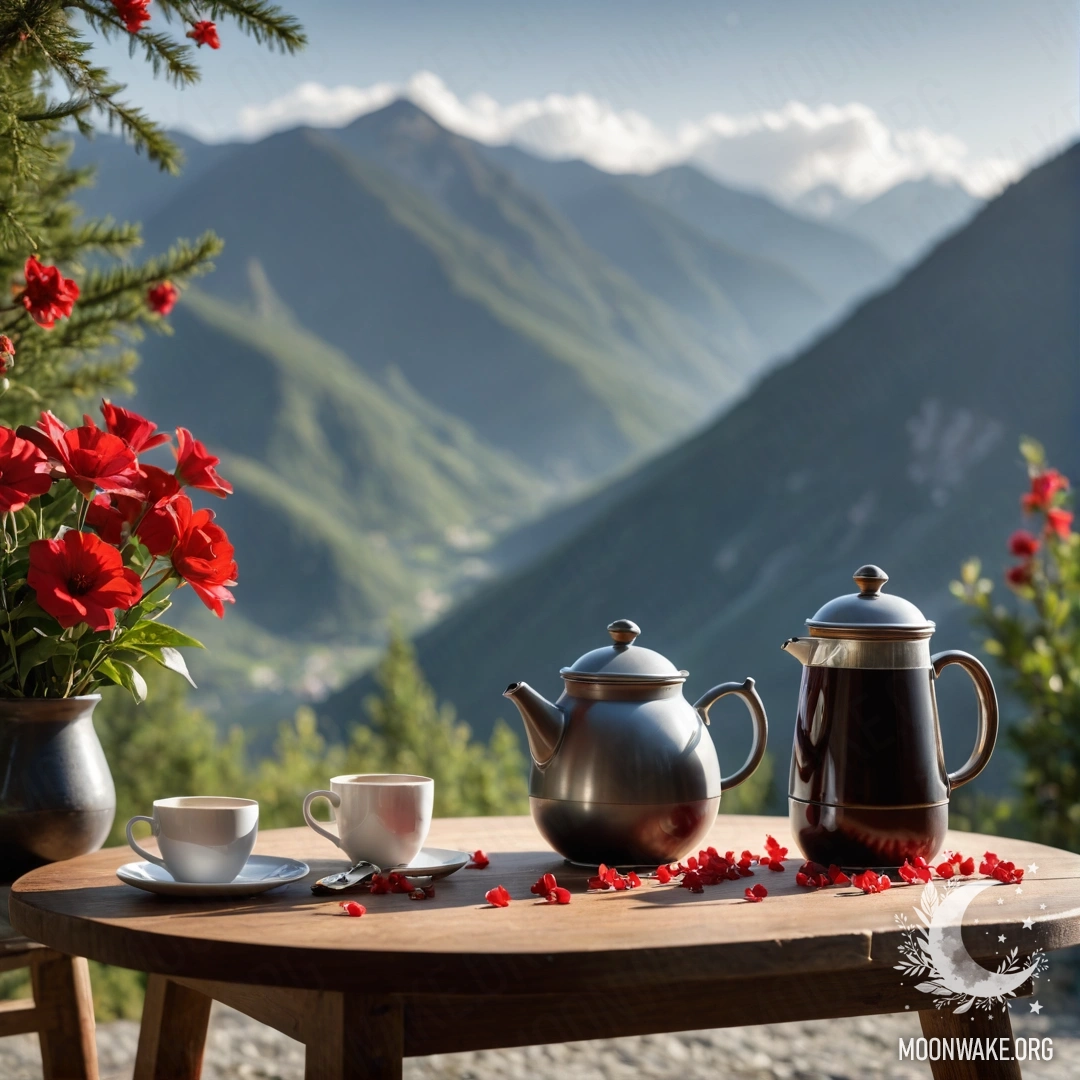 Минималистичный деревянный стол с банкой красных цветов, кофейником и чашками, освещенный гирляндами на фоне гор.