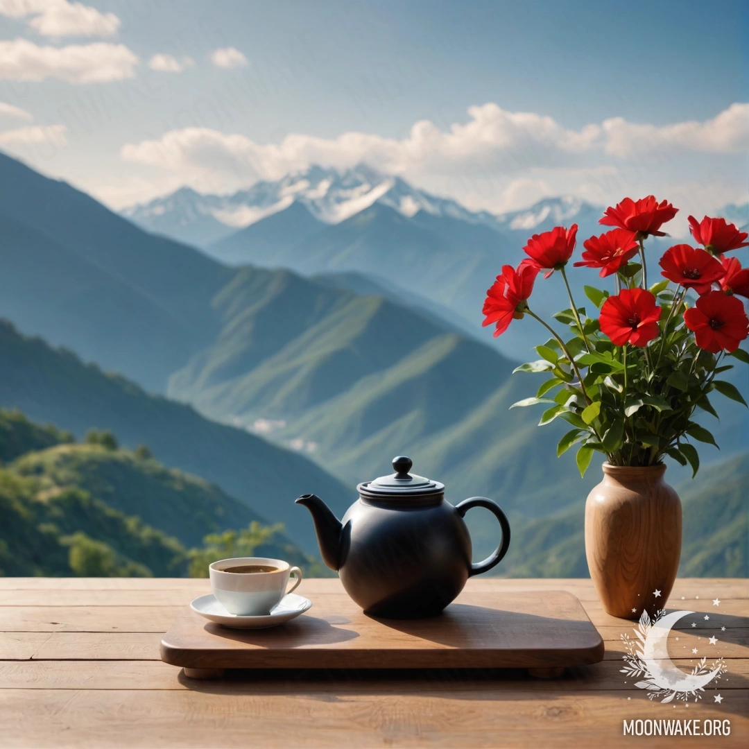 Минималистичный деревянный стол с банкой красных цветов, кофейником и чашками на фоне гор.
