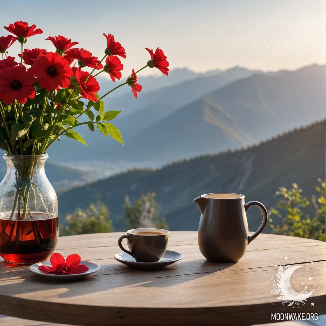 Деревянный стол с банкой красных цветов, кофейником и чашками на фоне горного заката.