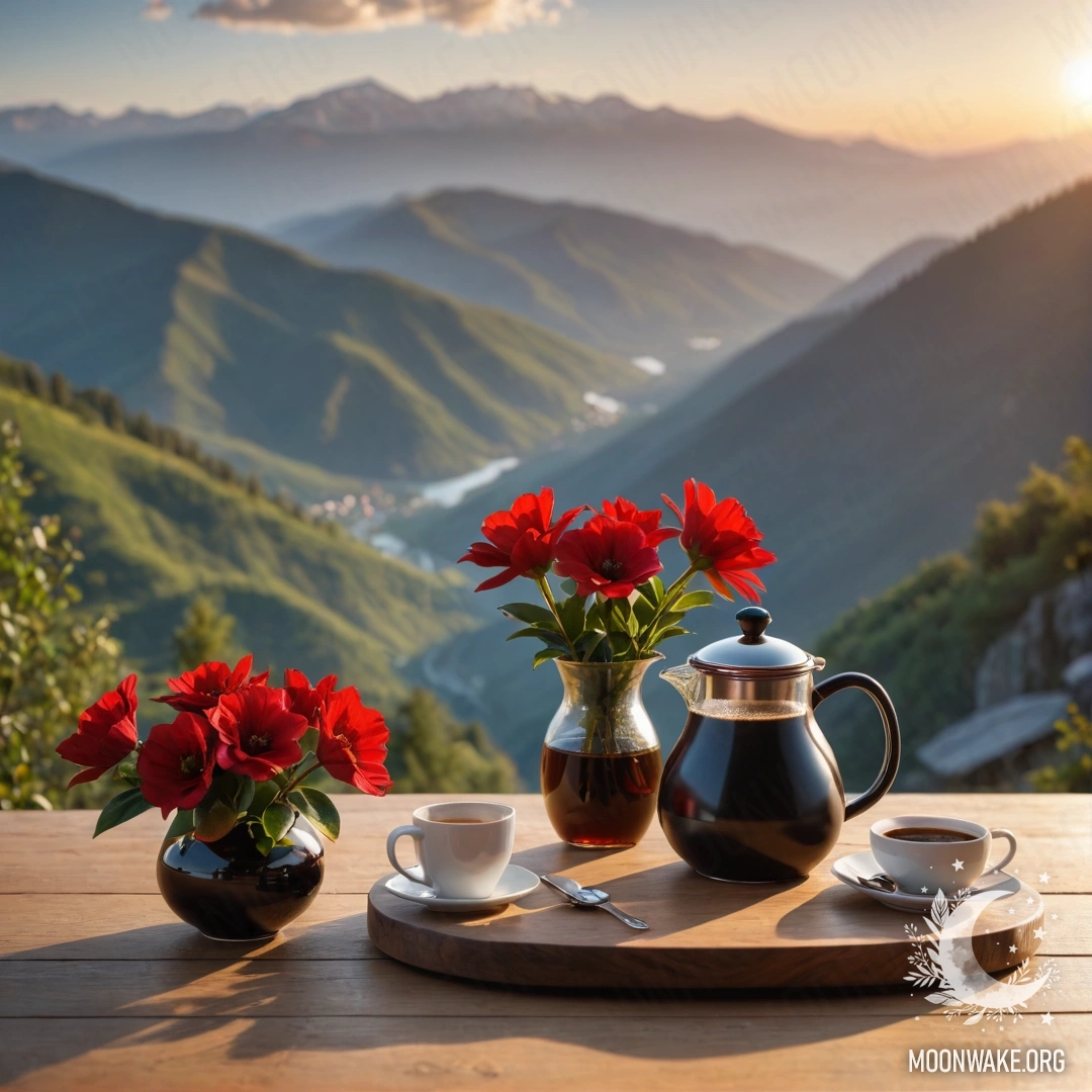 Деревянный стол на фоне гор, украшенный банкой с красными цветами, кофейником и чашками на закате.