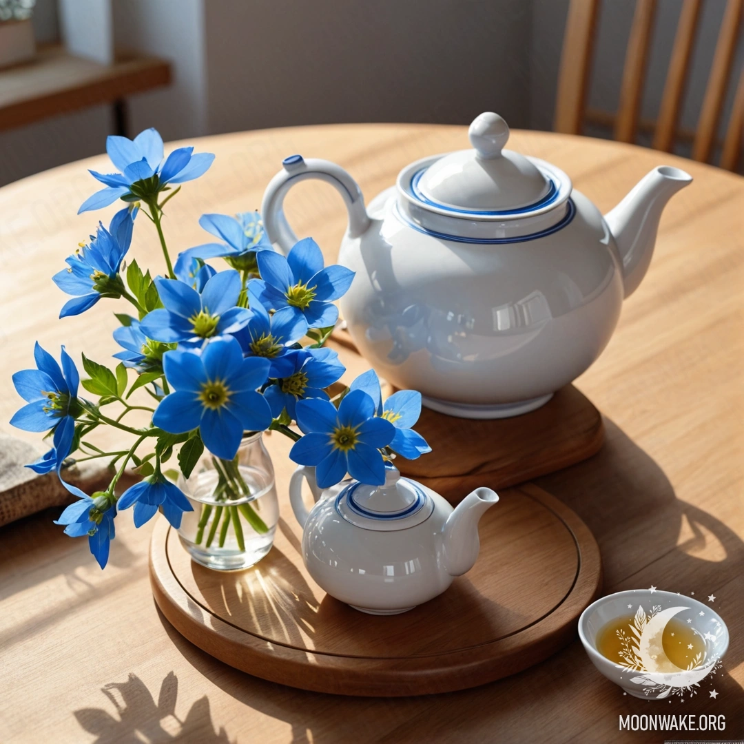 Круглый деревянный стол с фарфоровым чайником, украшенным синими цветами, освещёнными солнечными лучами.