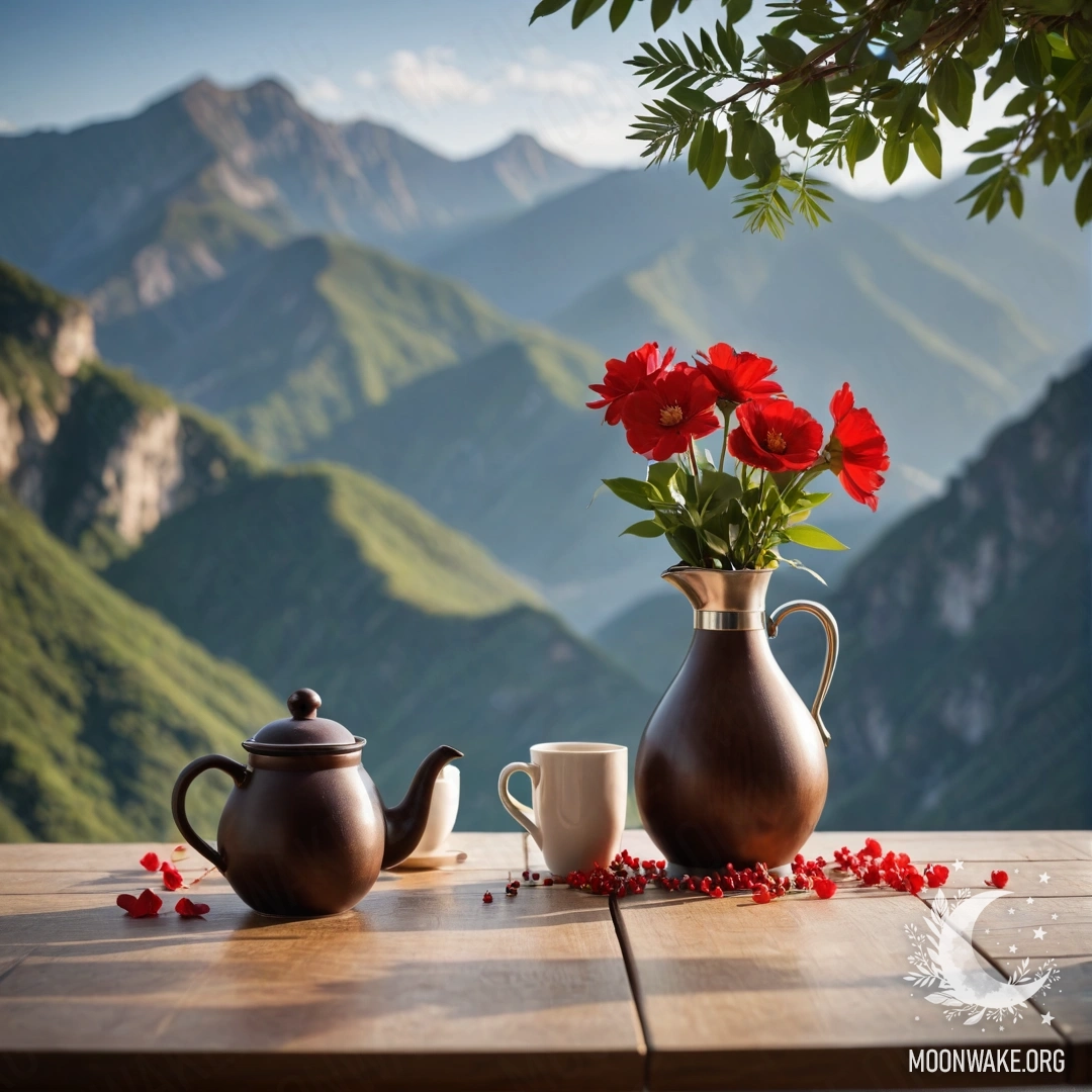 Минималистичный деревянный стол с баночкой красных цветов, кофейником и чашками, украшенными гирляндами, на фоне живописных гор.