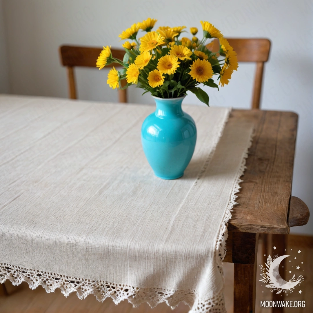 Старинный деревянный стол с белой вязаной скатертью и бирюзовой вазой, наполненной желтыми цветами, нежно освещенными гирляндой огней.