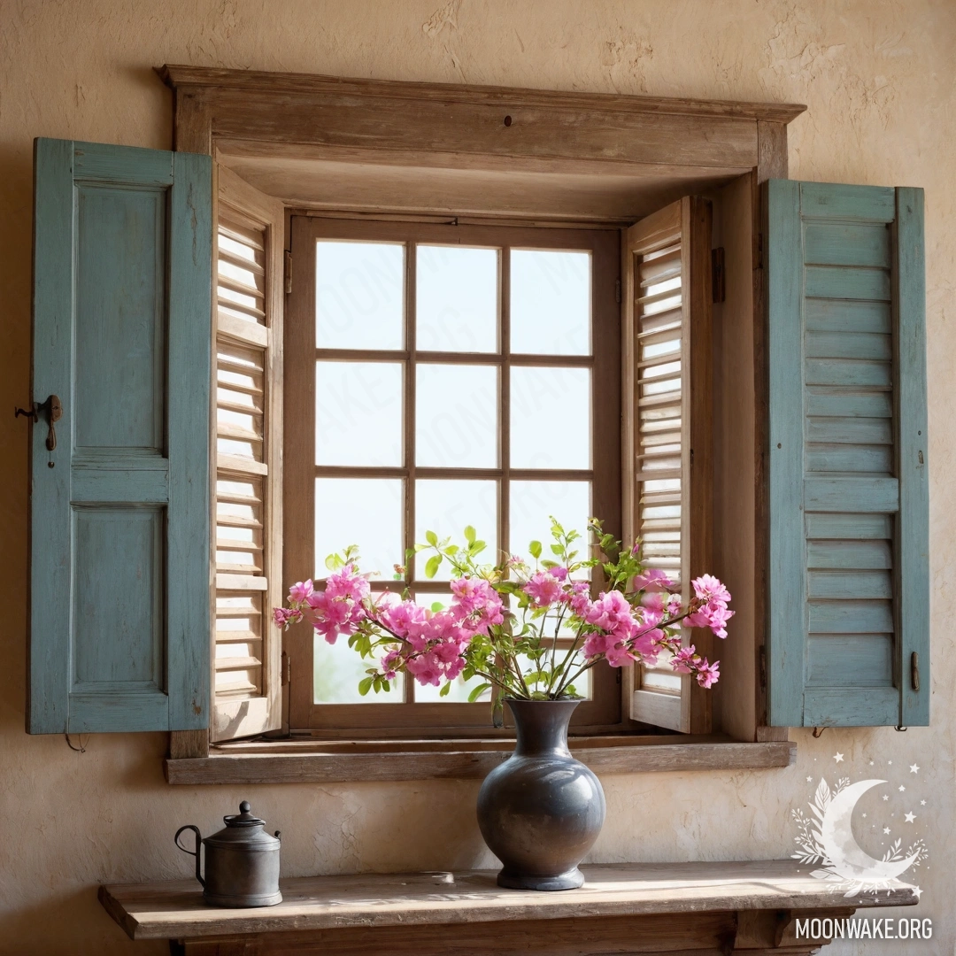 Старое деревянное окно с ставнями, керосиновая лампа и розовые цветы.