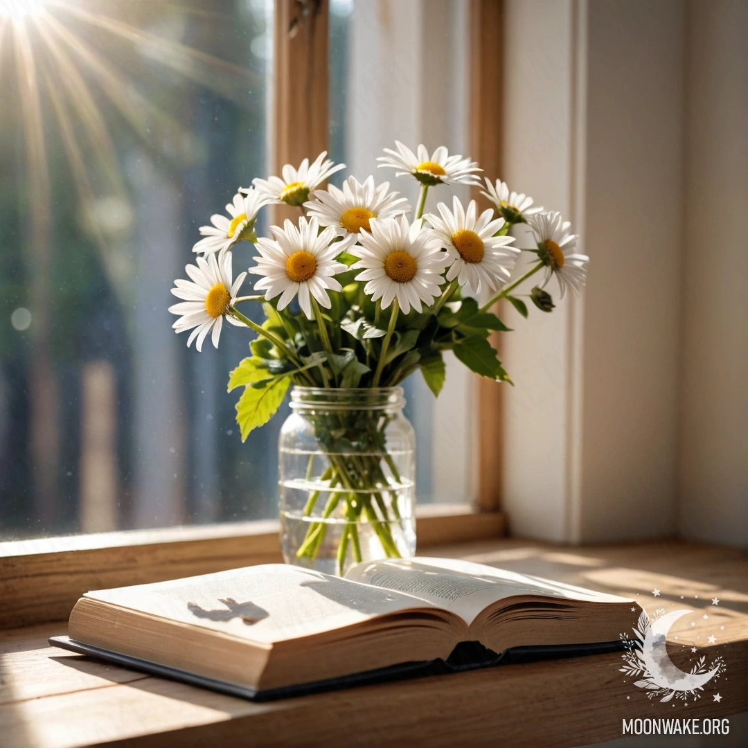 Старый деревянный подоконник с банкой ромашек и открытой книгой, залитой солнечным светом.