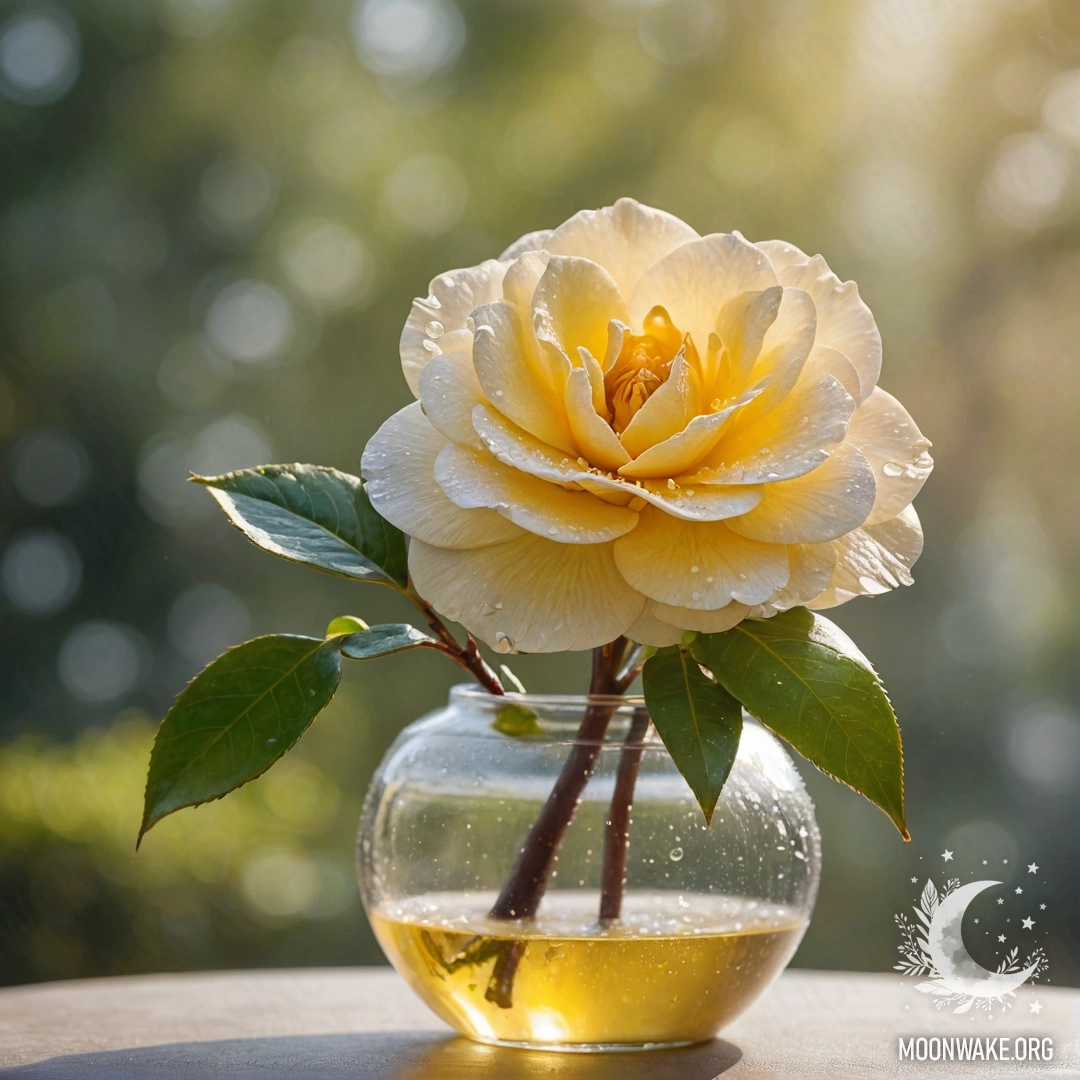 Минималистичная акварельная картина с желтой камелией с росинками в вазе, освещенной солнечными лучами.