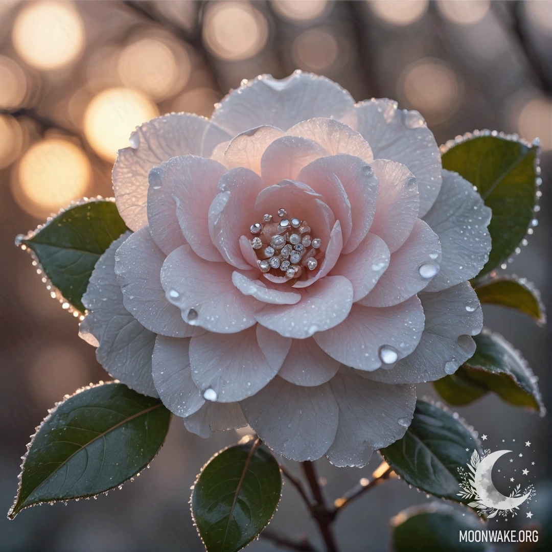 Нежный цветок камелии, покрытый инеем, мягко сверкающий пастельными цветами на закате.