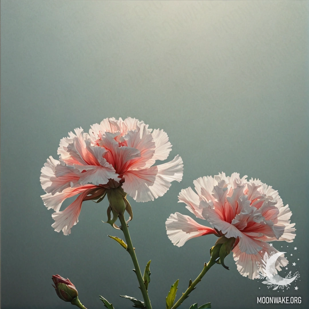 Мятная гвоздика появляется сквозь туманный пейзаж, освещенный нежными солнечными лучами и украшенный стразами.