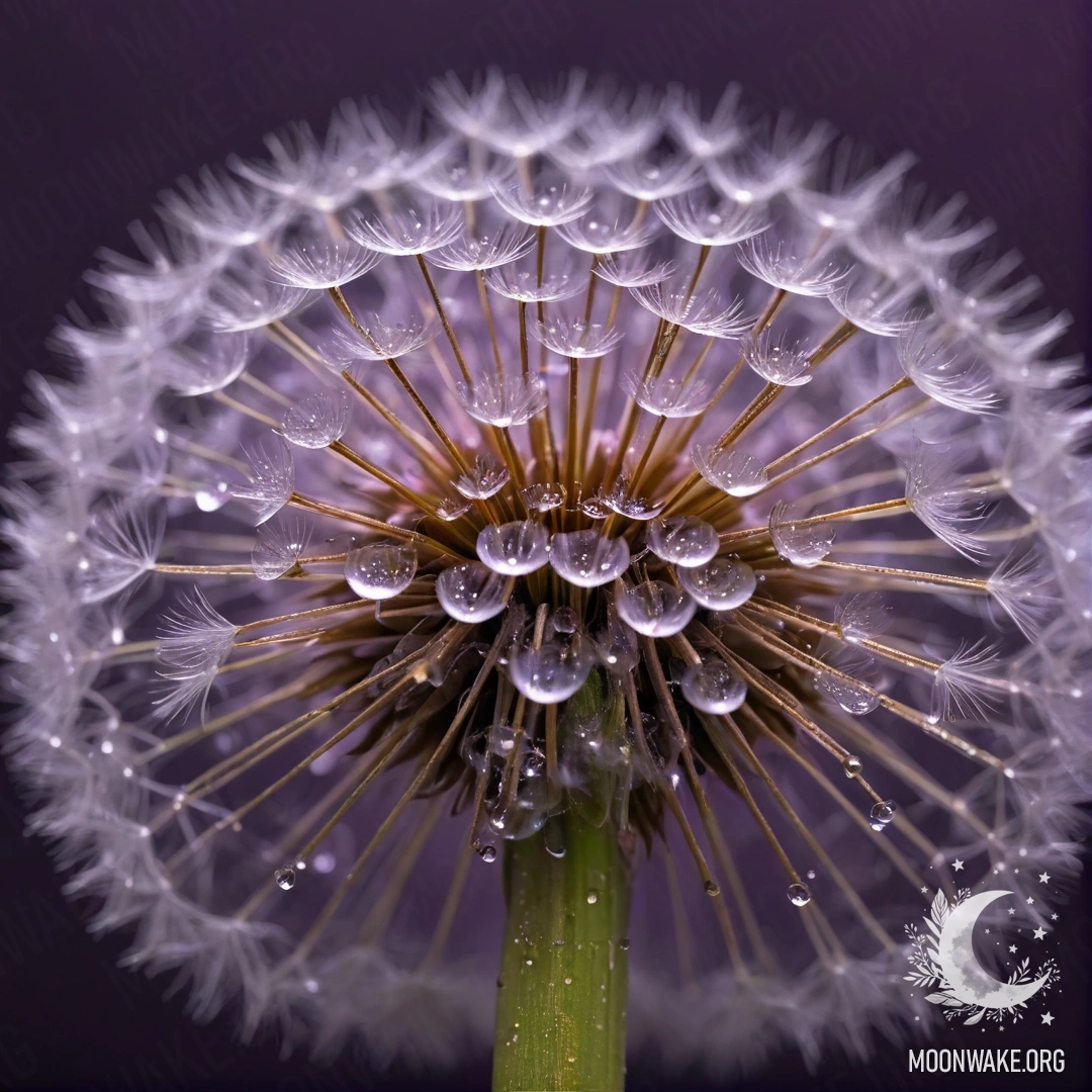 Крупный план фотографии одуванчика с каплями росы, демонстрирующий узоры пурпурного цвета на фоне слабо освещенной ночи.