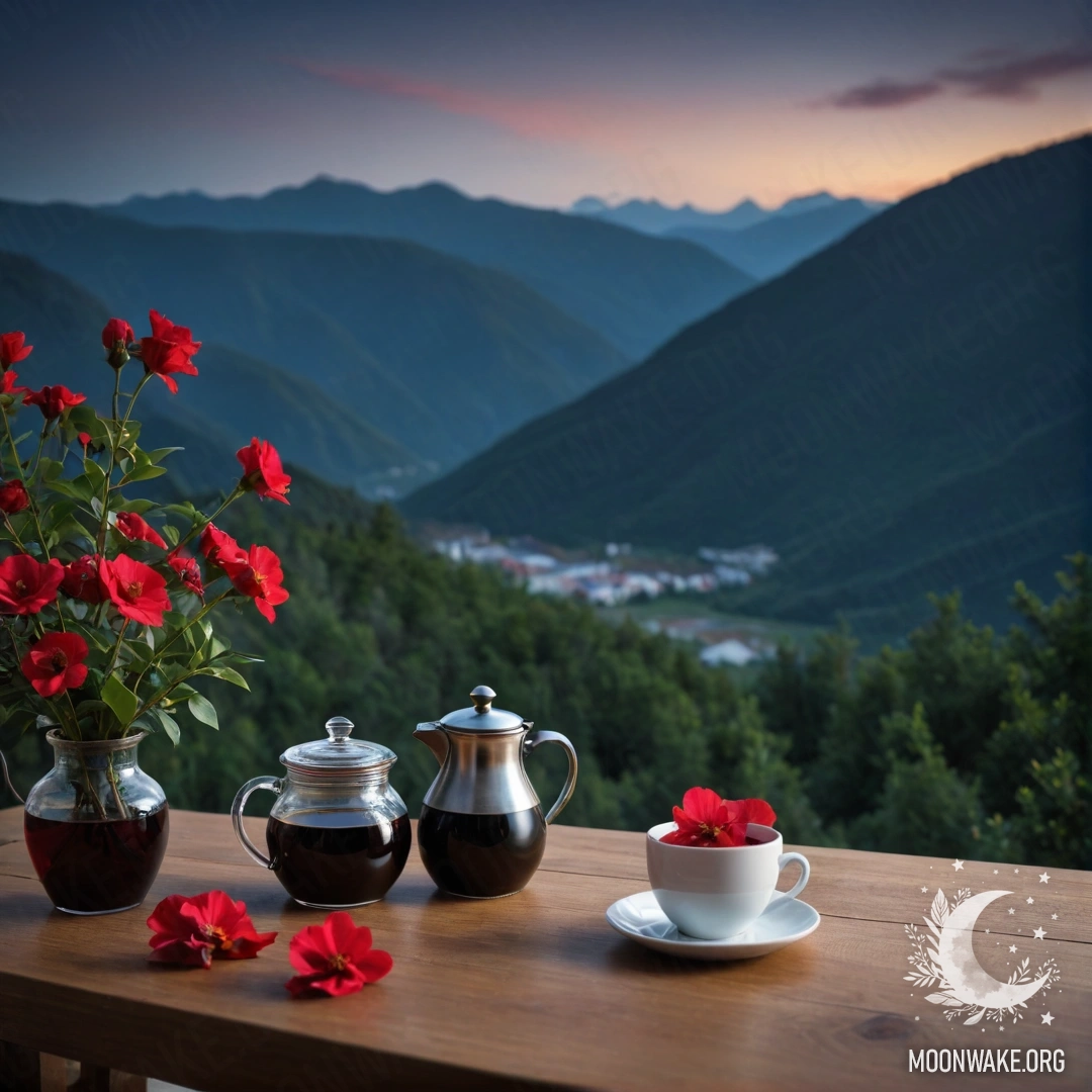 Деревянный стол с банкой красных цветов, кофейником и чашками на фоне ночных гор.