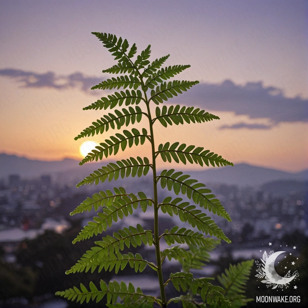 Нежный папоротник, украшенный каплями росы на фоне пурпурного заката.