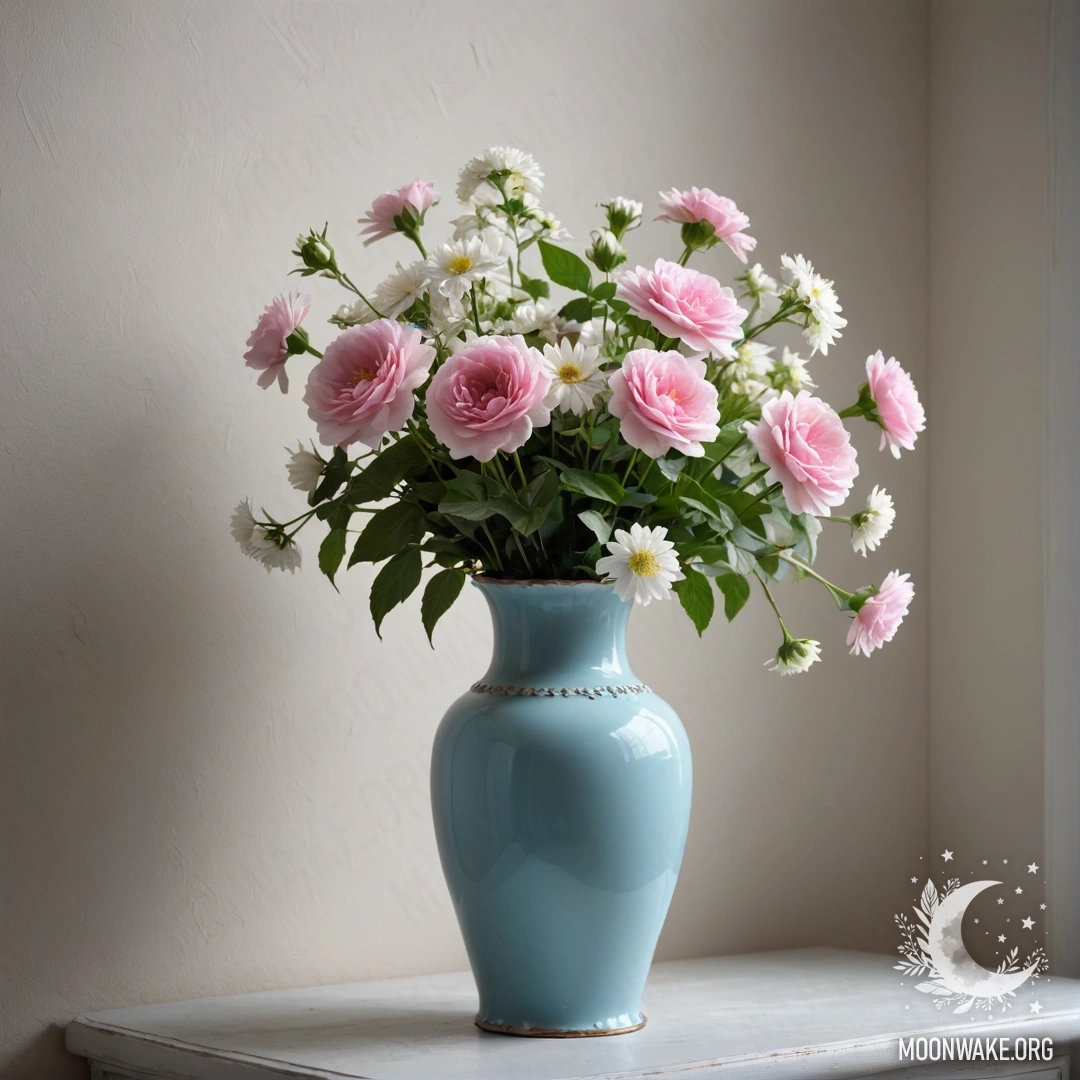 Корзина с маленькими белыми цветами на деревянном столе, освещённая солнечными лучами.