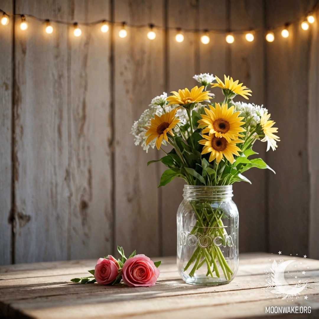 Старинный деревянный стол с банкой цветов и мягким боке на фоне.