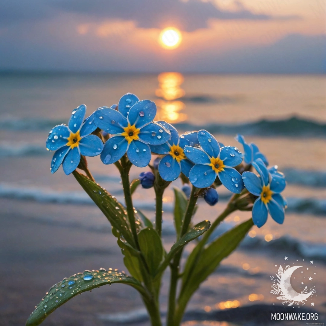 Цифровая картина с синими незабудками, тихо колеблющимися под дождем на закате, украшенная стразами, вдохновленная оттенками успокаивающей морской волны.