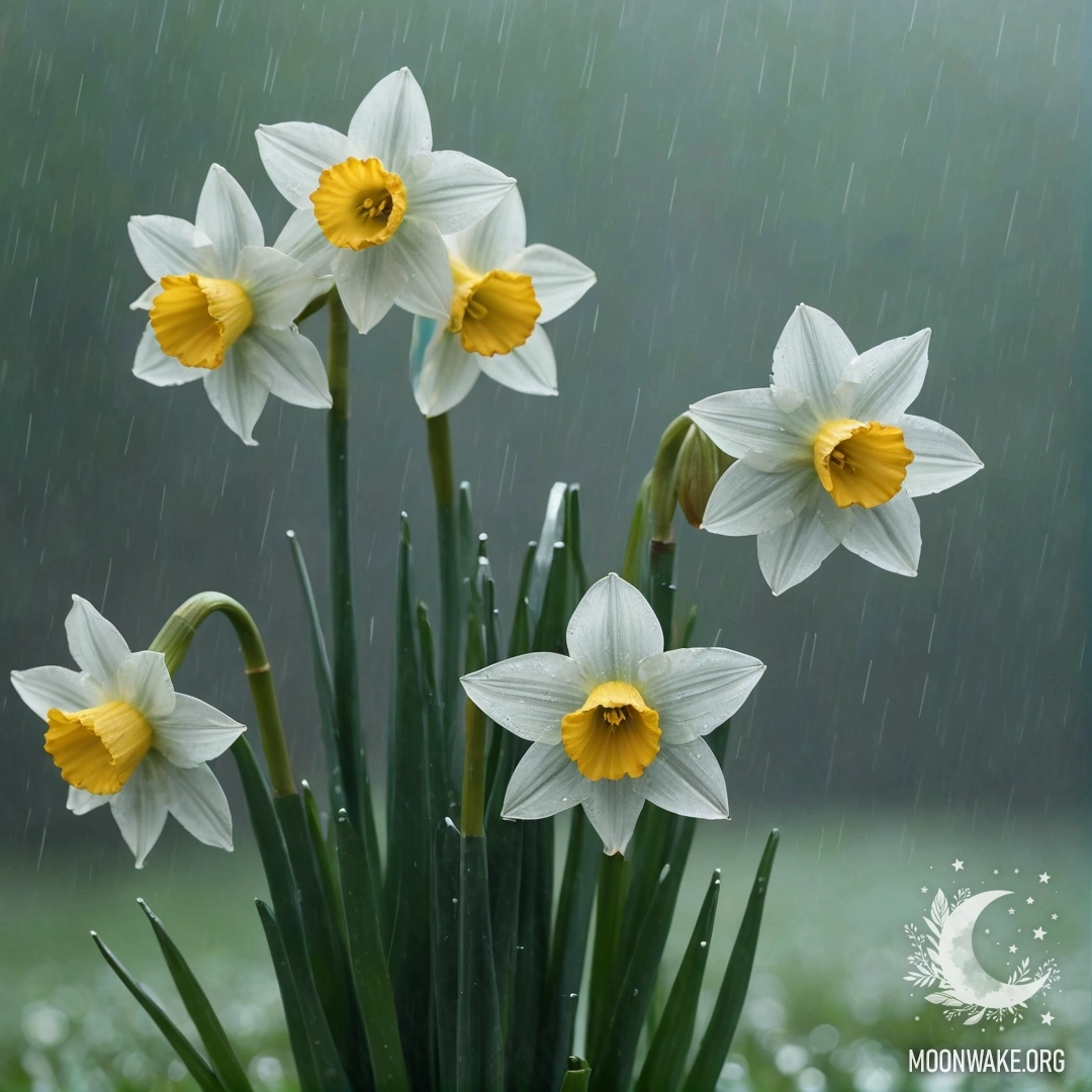 Нежный букет зеленовато-голубых нарциссов в тумане под дождем.