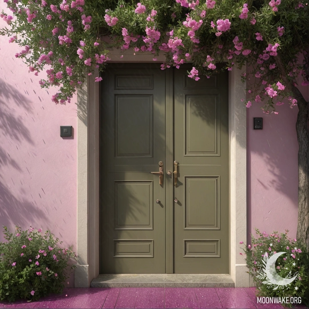 Минималистская оливковая дверь с деревом, увенчанным розовыми цветами сверху, под дождем.