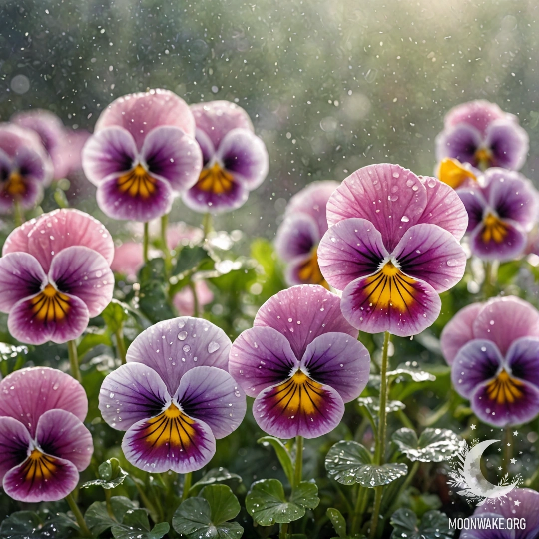 Акварельная живопись: розовые фиалки в тумане под дождем с солнечными лучами.