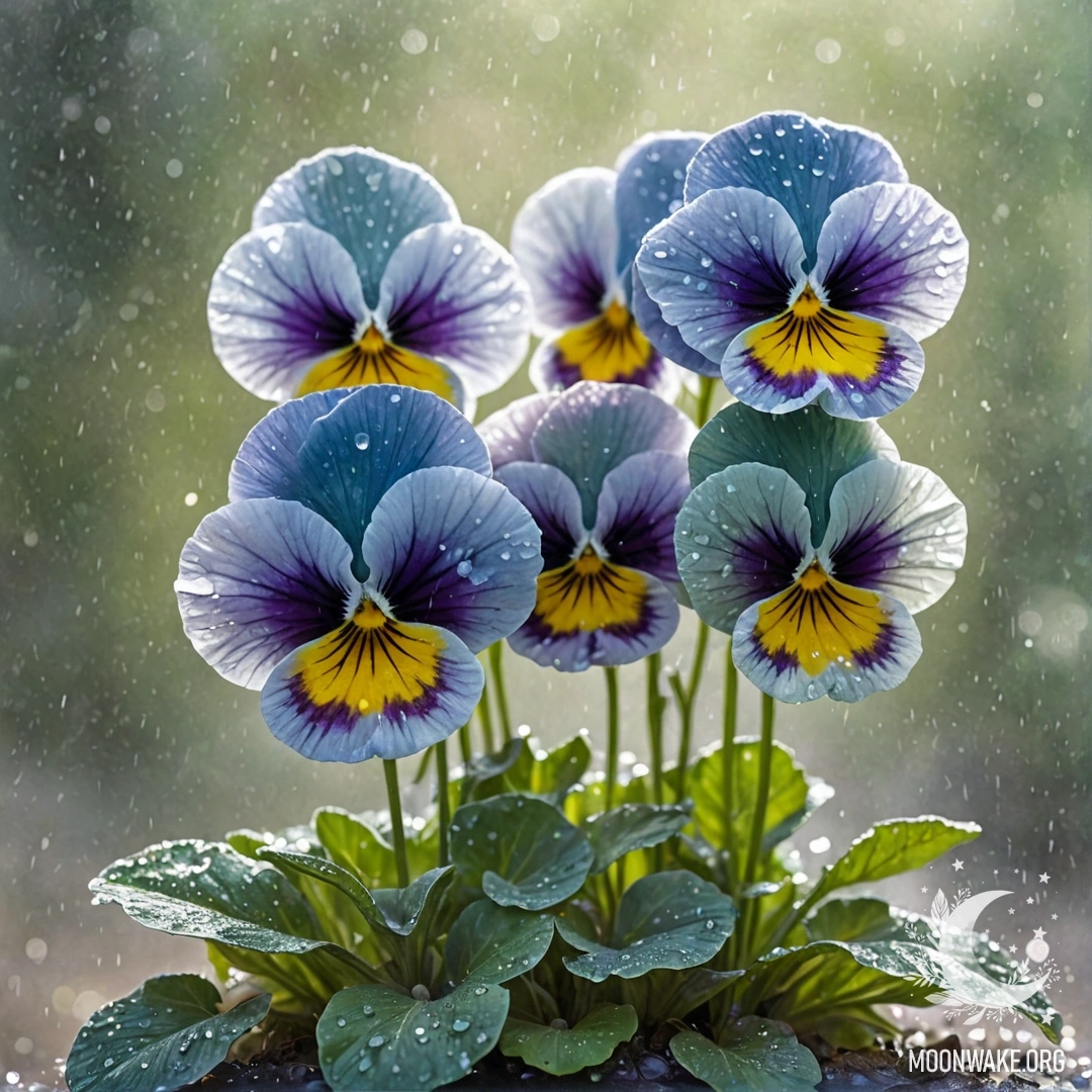 Акварельная картина с зелено-голубыми анютиными глазками в тумане под дождем, освещенными солнечными лучами и украшенными блестками.