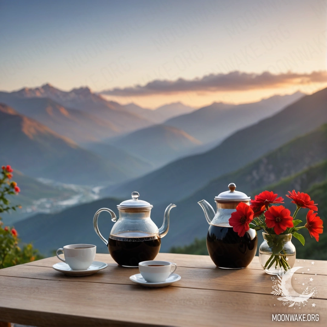 Мирная сцена: деревянный стол с банкой красных цветов, кофейным желудем и чашками на фоне гор во время заката.