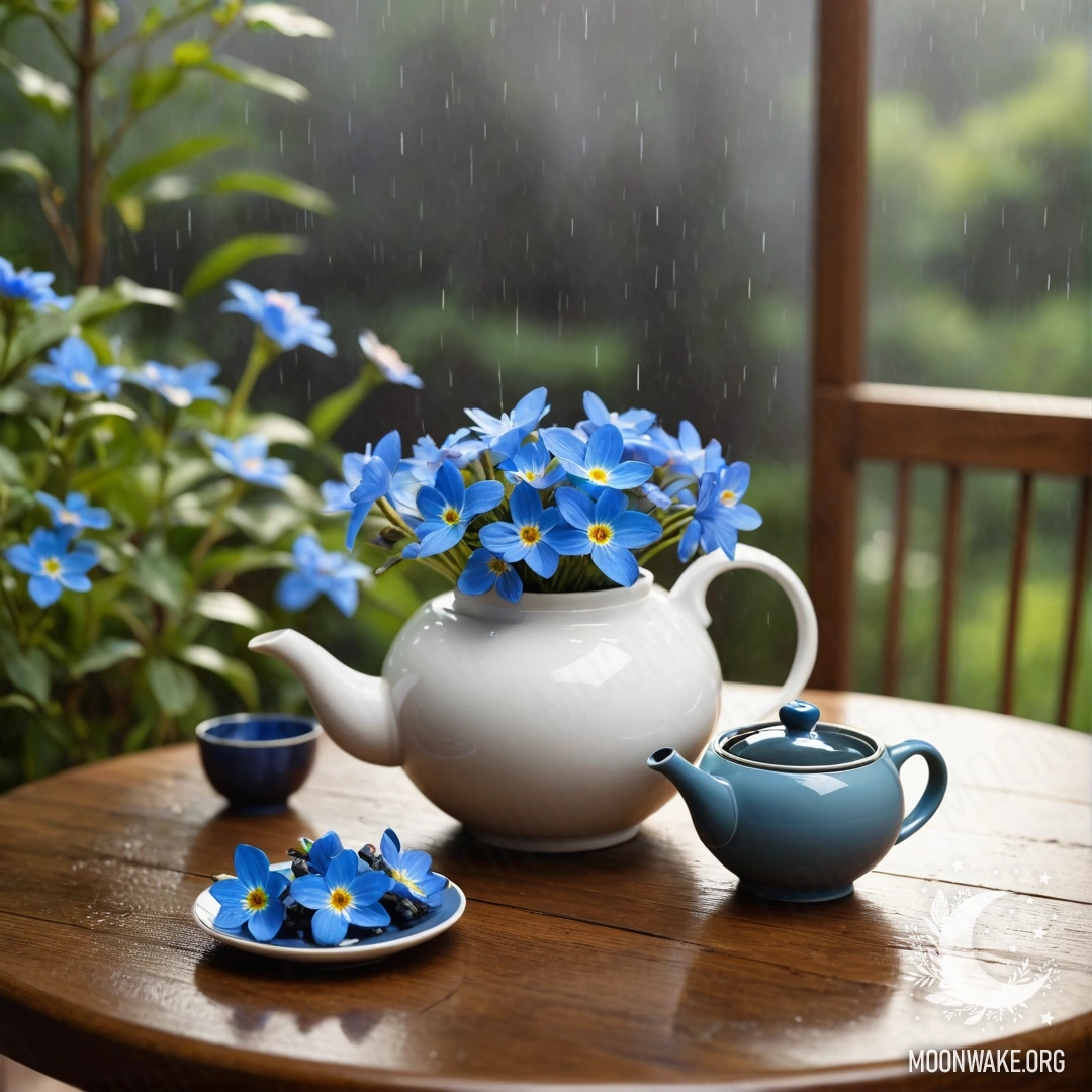 Круглый деревянный стол с фарфоровым чайником, в котором синие цветы под дождем.