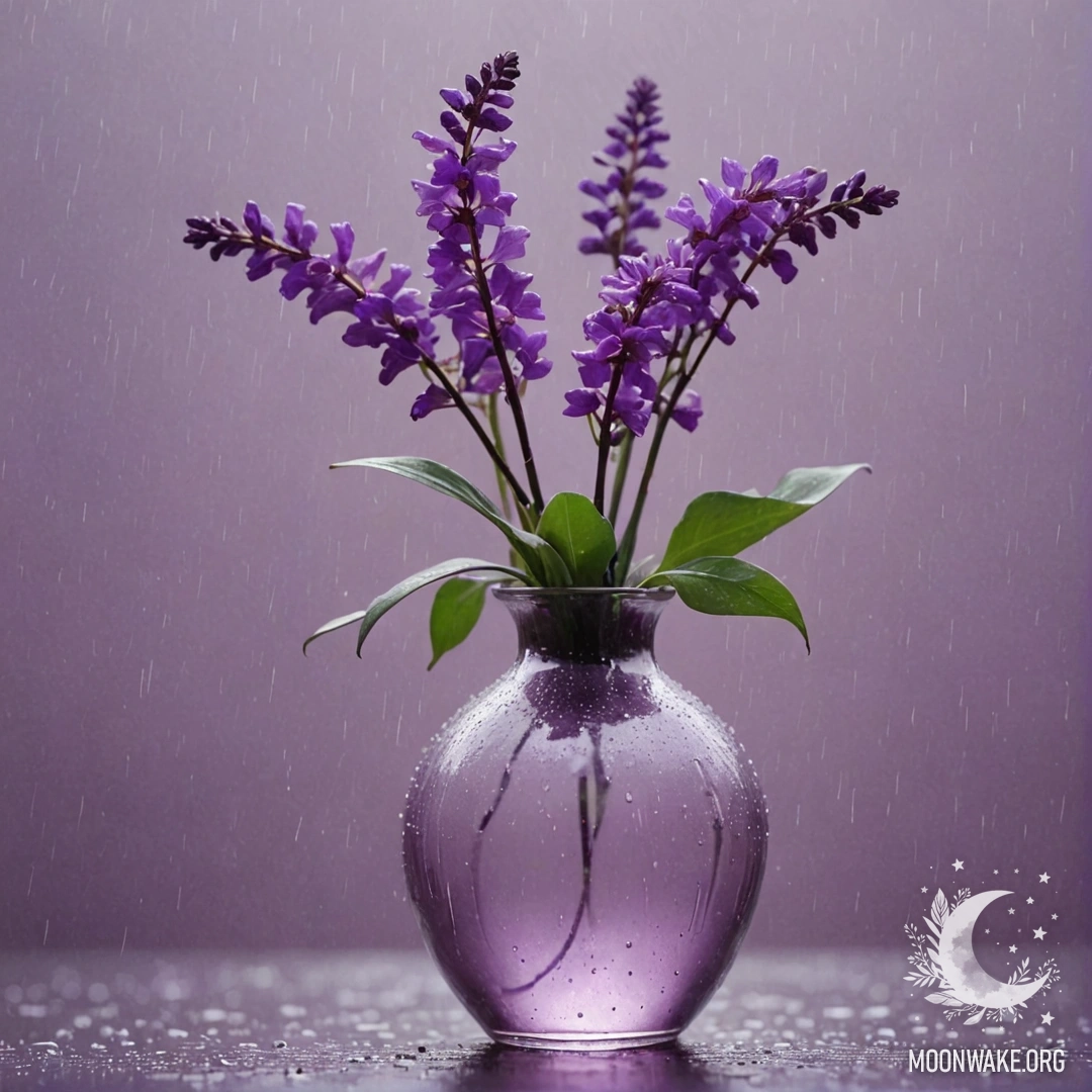 Розовая ваза с фиолетовыми цветами, окруженная дымкой и дождем.