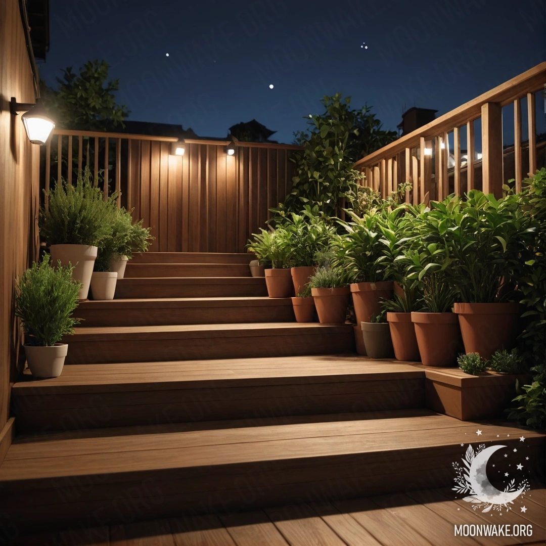 Деревянная лестница ночью, украшенная цветочными горшками.