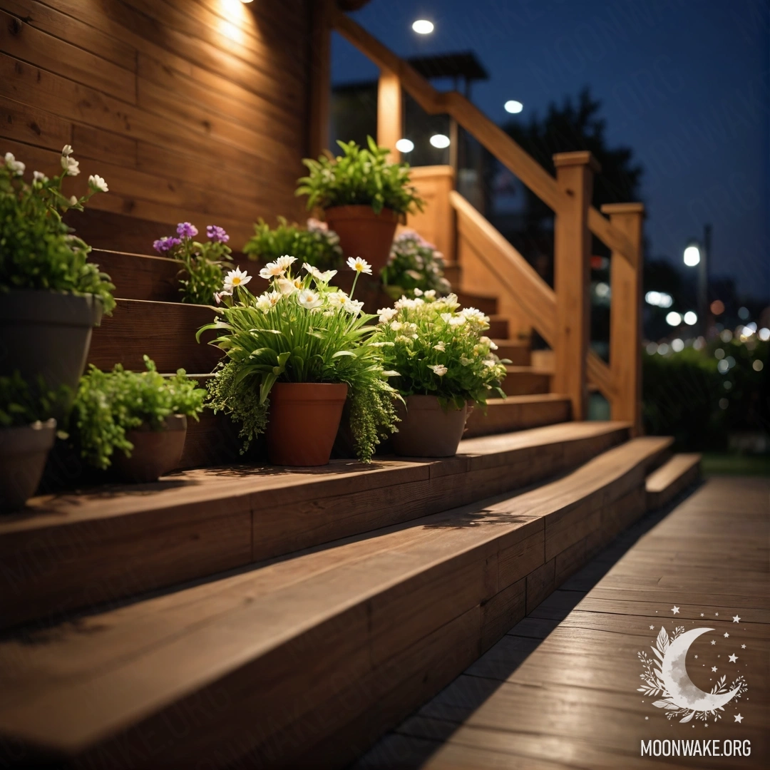 Деревянная лестница, украшенная цветочными горшками в ночном свете.