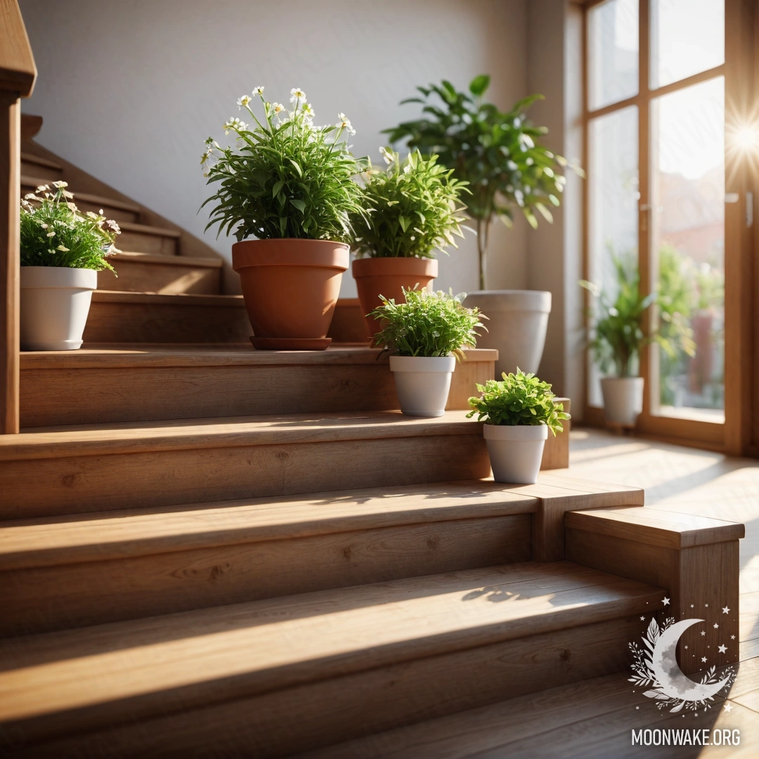 Деревянная лестница, залитая солнечными лучами, украшенная цветочными горшками