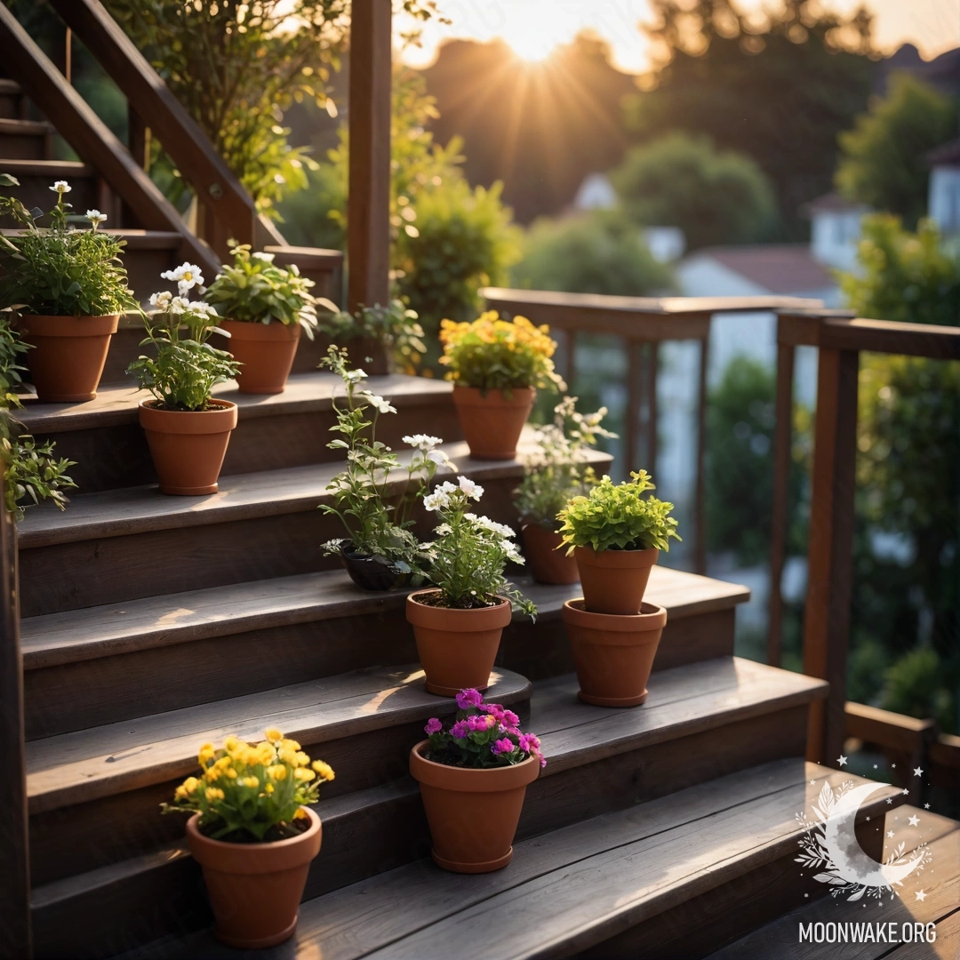 Деревянная лестница, украшенная цветочными горшками на фоне заката.