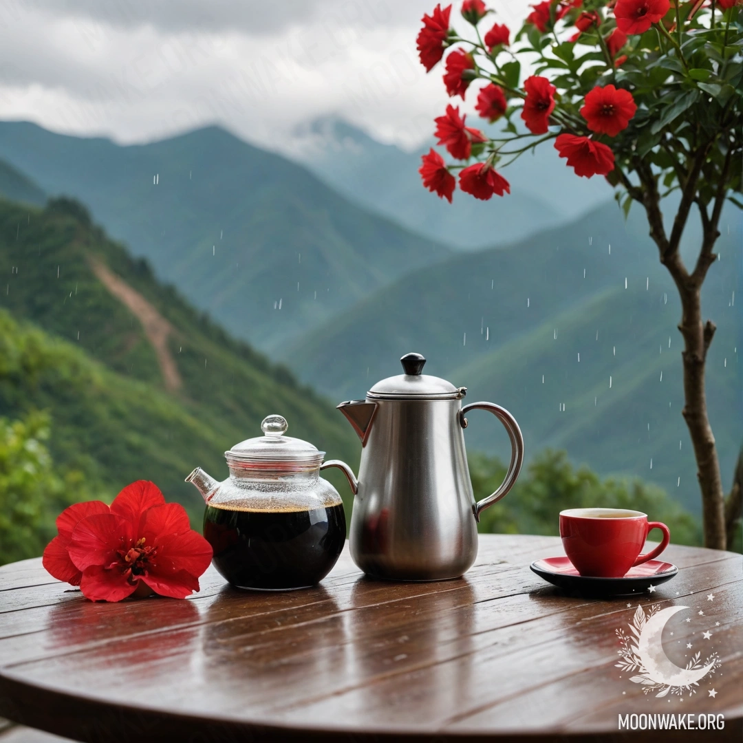 Деревянный стол на фоне гор, украшенный банкой с красными цветами и набором для кофе под дождем.
