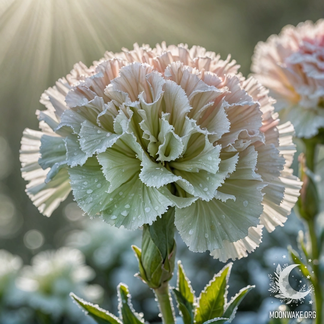 Спокойный букет гвоздик мятного цвета, покрытый инеем, освещённый мягкими солнечными лучами.