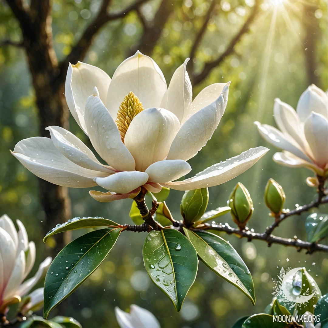 Минималистичное изображение мятной гвоздики с каплями росы, сверкающими под ночным небом, украшенной блестками.