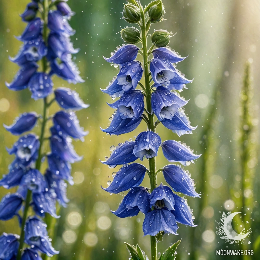 Красивый дельфиниум мятного цвета, украшенный каплями росы, сверкающими на солнечном свете.