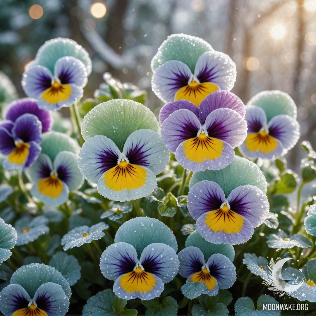 Спокойное изображение мятных фиалок, покрытых морозом и блестками.
