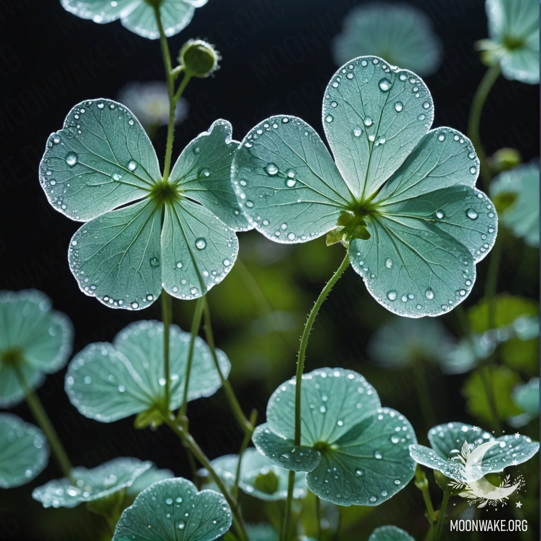 Нежная сцена с мятной лунарией в туманном ночном окружении, украшенным стразами.
