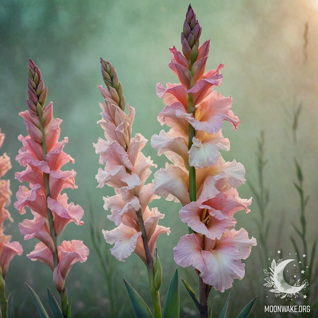 Красивый мятный гладиолус пробивается сквозь туман на закате, сверкающий с блестками.