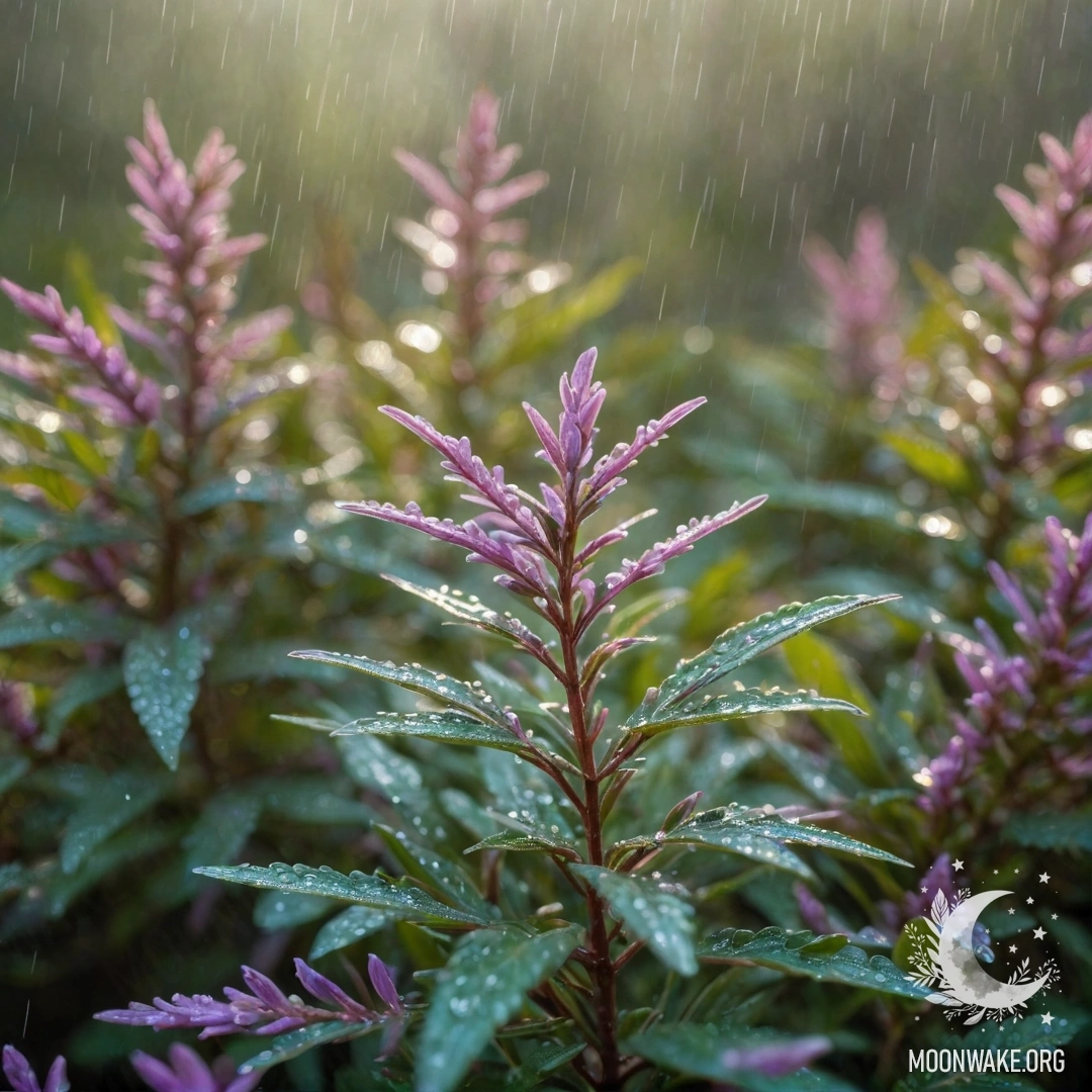 Спокойный взгляд на мятный вереск под падающим дождем с солнечными лучами, пробивающимися сквозь облака.