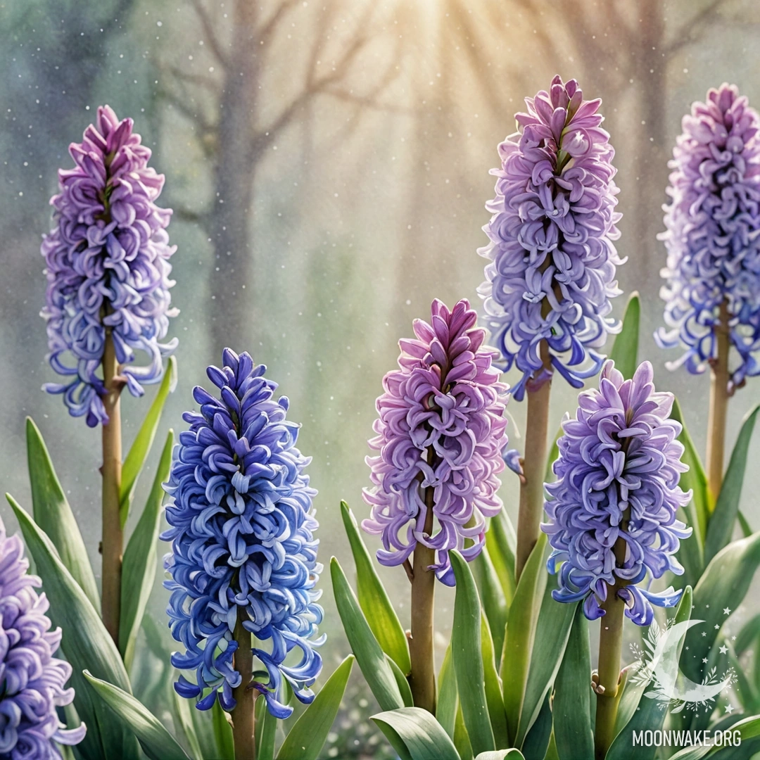 Прекрасный гиацинт, окруженный туманом, с солнечными лучами, пробивающимися сквозь него.