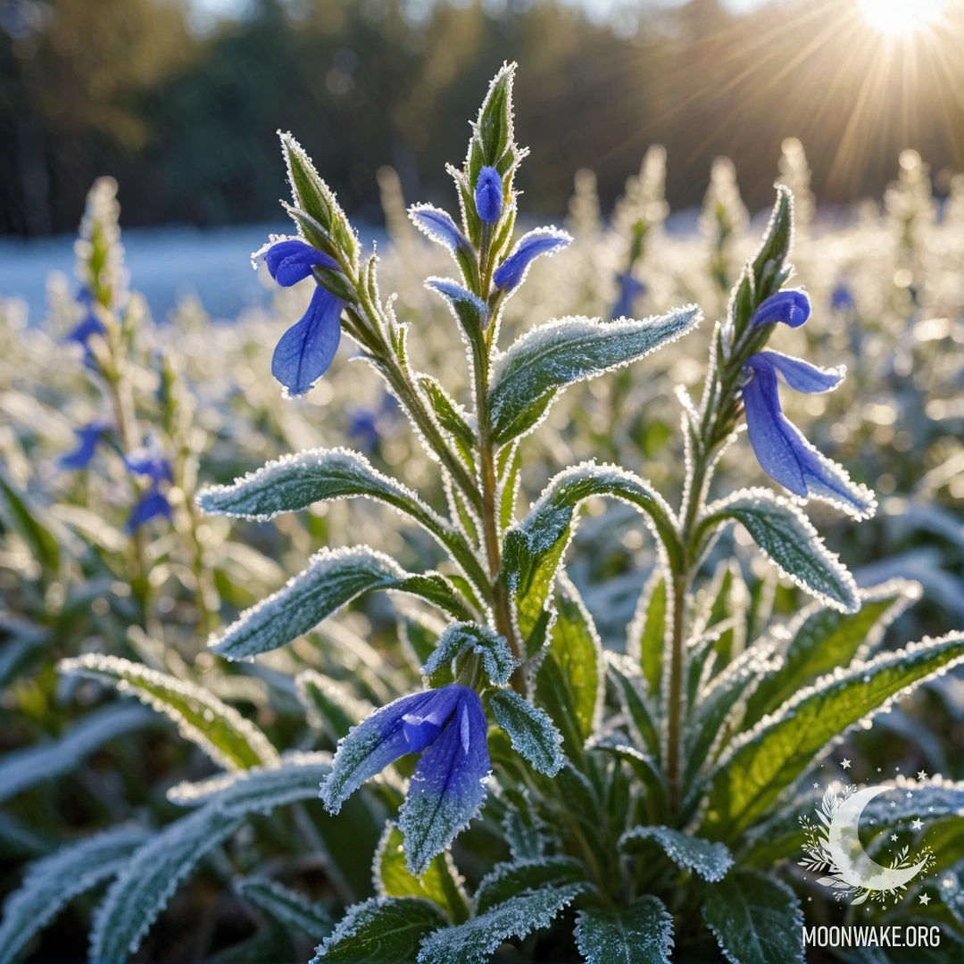 Сладкие цветы лобелии, окруженные морозом, освещенные солнечными лучами.