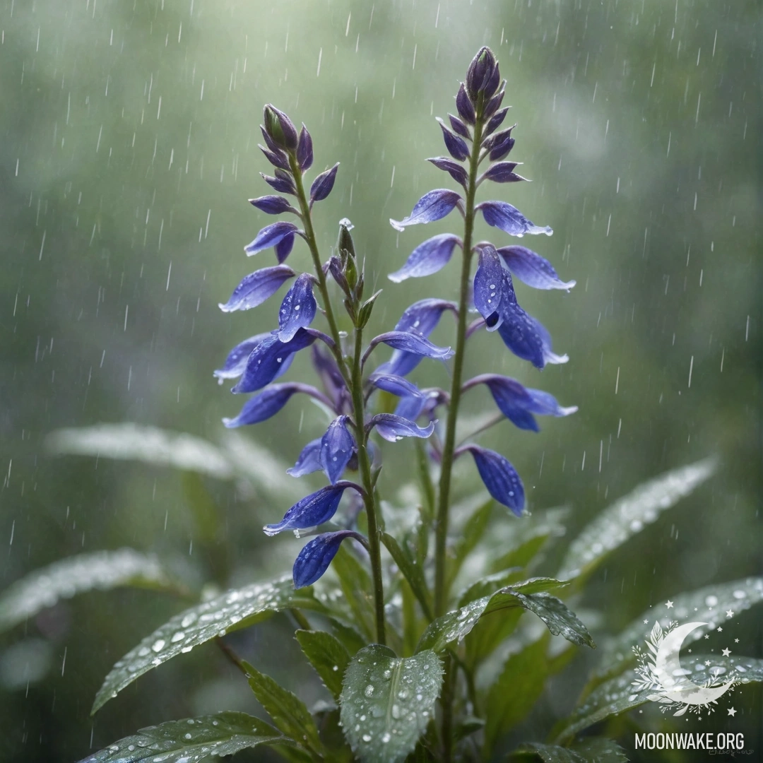 Нежная мятная лобелия, окруженная дымкой и каплями дождя, сверкающая скучными блестками.