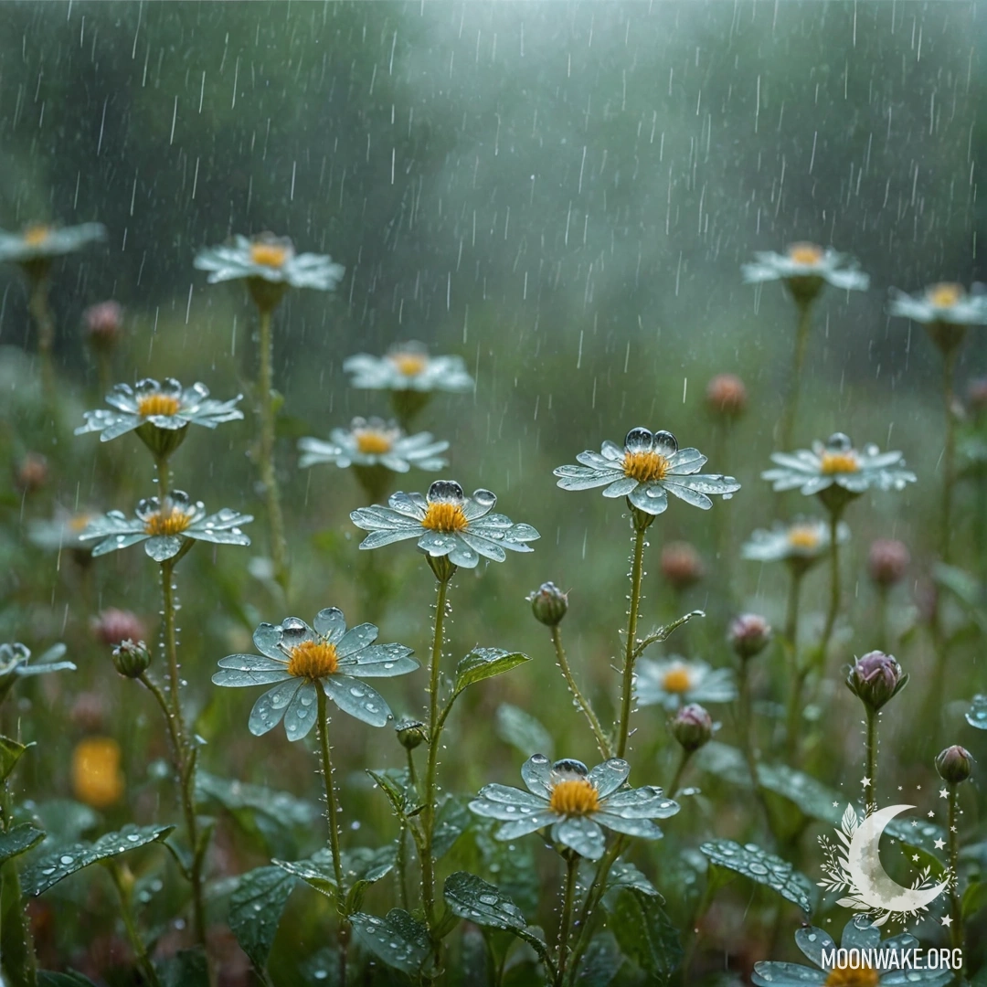 Сцена с прекрасными полевыми цветами мятного цвета, окружённая туманом и дождём, украшенная стразами.