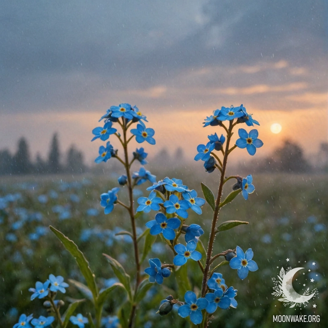 Спокойная акварельная картина с незабудками в тумане, нежно освещенными закатом.