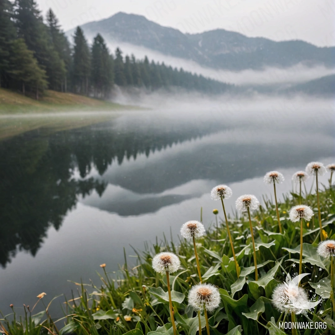 Крупный план одуванчиков на фоне туманного горного озера.