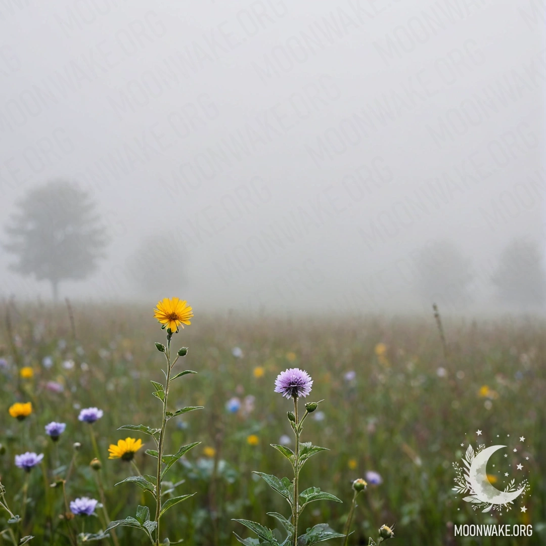 Крупный план нежных полевых цветов на фоне туманной дымки.