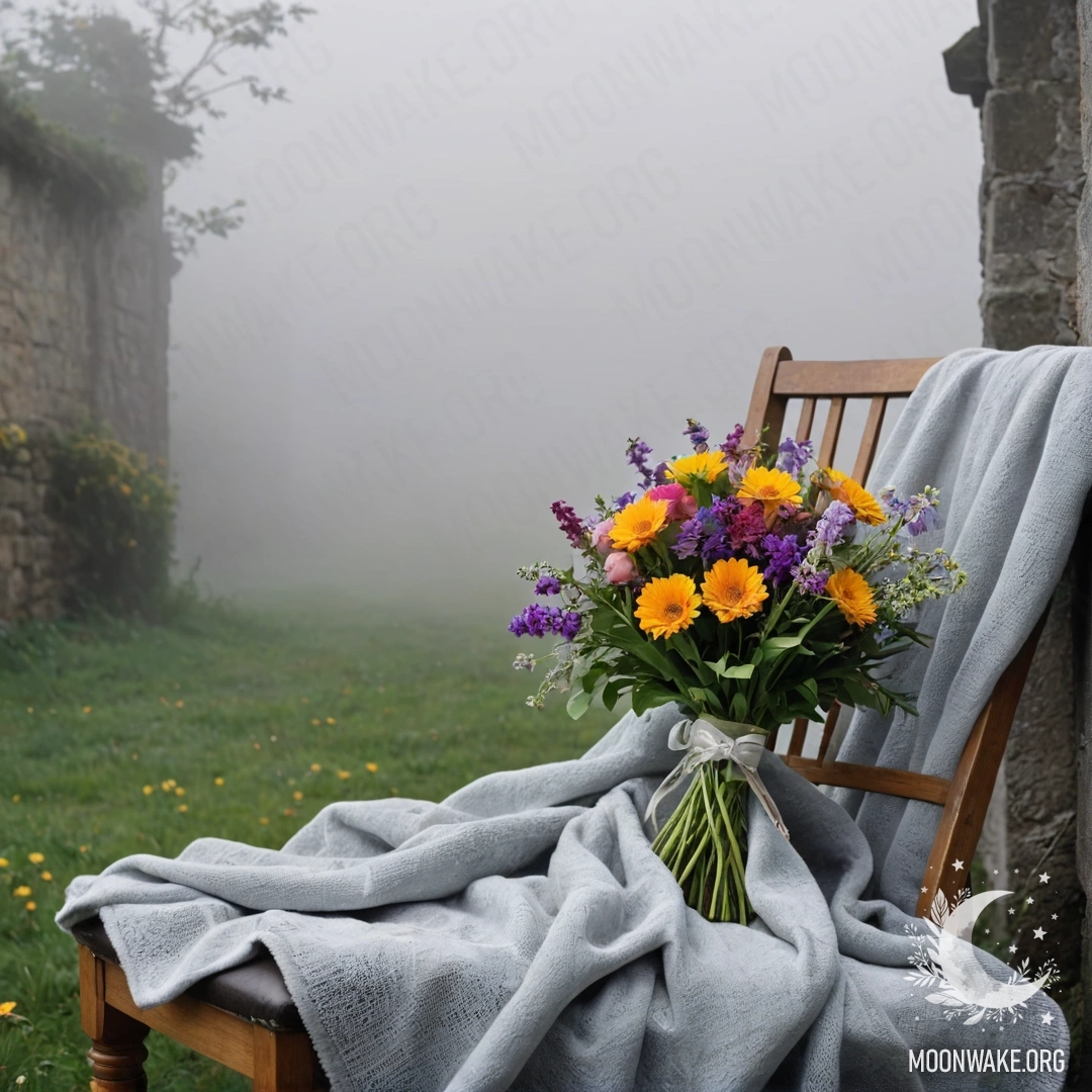 Абстрактное изображение, на котором стул с одеялом и букетом цветов установлен на фоне потрёпанной стены, окутанной густым туманом.